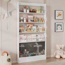 Picture Bookshelf, Exhibition Shelf, Bookshelf, Children's Room Bookshelf, 4-Tier Storage Shelf + Paintable Black Board, Tilt Protection/Space Saving, Bookshelf Behind The Door, 100*10*180cm