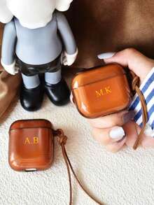 Personalisiertes minimalistisches Morandi-Farbiges Kopfhörertasche in Olivgrün, Schwarz, Blau und Grau, transluzent mit Lederriemen, kreatives Design kompatibel mit Apple Case, tolles Geschenk zum Valentinstag, Geburtstag, Feiertagen, Frauen - Braun - Übersicht 2