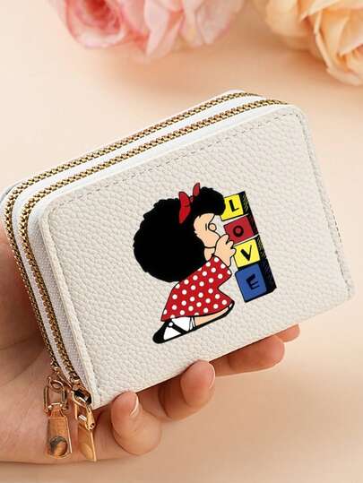 1 pieza Cartera con cremallera doble con estampado de MAFALDA - Cartera de mujer de dibujos animados - Portador de tarjetas compacto - Bolso de tarjeta de crédito de doble capa con patrón de piel de litchi - Monedero versátil multicolor que sostiene efectivo, identificación, tarjetas de crédito - Diseño duradero negro, regalo perfecto para familiares y amigos, cierre de cremallera duradero, cartera linda