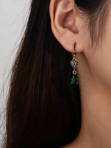 1 Pair 18K Gold Plated Copper Zirconia Heart & Green Water Drop Fashion Earrings, Suitable For Women's Daily Wear, Gift For Birthday Or Holiday - Yellow Gold - View 4