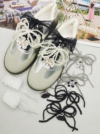 6件套黑白蕾丝鞋带装饰巴洛克风格人造仿珍珠蝴蝶结鞋带吊坠DIY装饰树脂花朵鞋带饰品可拆卸闪亮水钻天鹅鞋带扣装饰适合女士运动鞋靴子圣诞节万圣节情人节生日节日派对礼物（不含鞋子）