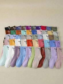 1 Pair/10 Pairs Autumn And Winter Random Multi-Color Candy Color Dopamine Outfit Heel Bow Pattern Japanese Sweet And Cute Daily Versatile Outdoor Sports Gym Outfit Commuting Portable Girls Campus Home School Style Outfit Can Be Matched With Sports Shoes Leather Shoes Chunky Sneakers Soft And Skin Friendly Comfortable Warm Women's Crew Socks