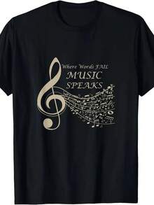 Men's 100% Cotton Music Speaks Graphic T-Shirt - Black Casual Short Sleeve Tee With Musical Note Design, Breathable & Soft For Casual Attire, Sports, And Outdoor Activities - 黑色 - 查看 1
