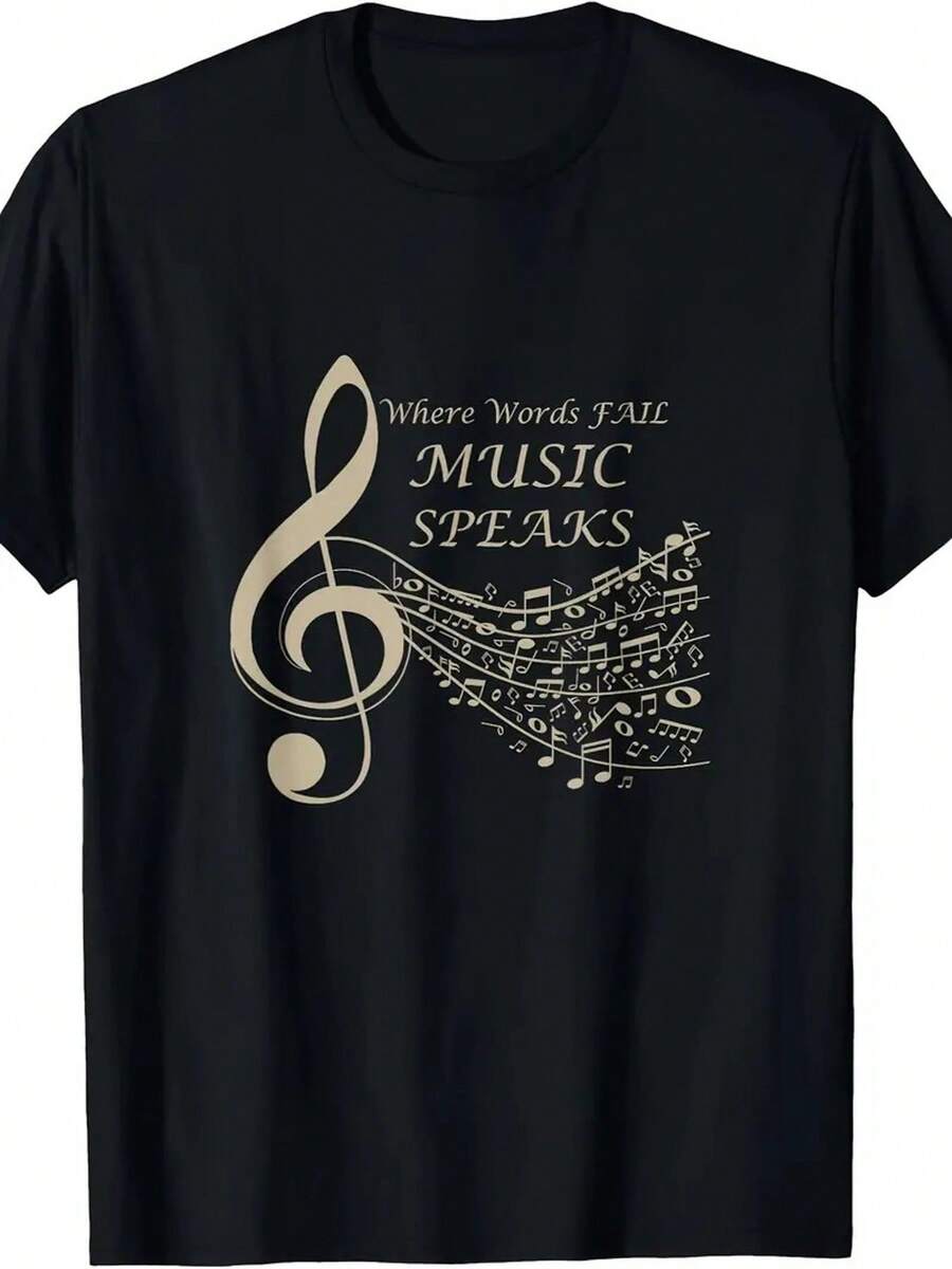 Men's 100% Cotton Music Speaks Graphic T-Shirt - Black Casual Short Sleeve Tee With Musical Note Design, Breathable & Soft For Casual Attire, Sports, And Outdoor Activities - 黑色 - 查看 1