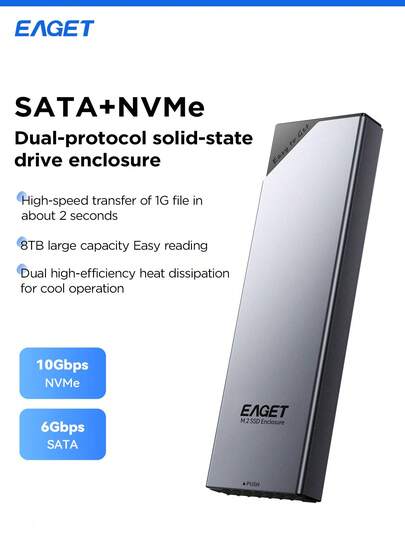 EAGET NVME SATA M.2 SSD Enclosure Adapter, USB 3.2 Gen 2 (10 Gbps) To NVME PCI-E SATA M-Key/(B+M) Key Solid State Drive External Enclosure Aluminum Support UASP Trim For SSDs 2230/2242/2260/2280