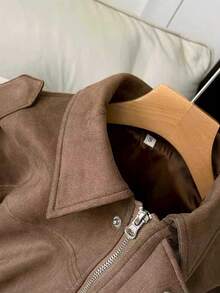 FGGG Brown Short Suede Jacket For Women Autumn Winter Stitched Collar With Long Sleeves Relaxed Fit Versatile Layering Women's Top For Casual Outings Gatherings And Commuting