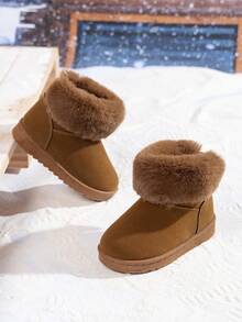 1双婴儿简约休闲踝靴，保暖舒适的羊毛儿童雪地靴 - 棕色 - 查看 2