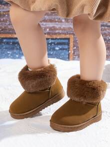 1双婴儿简约休闲踝靴，保暖舒适的羊毛儿童雪地靴 - 棕色 - 查看 5