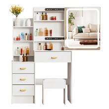 [Top-Wahl für Halloween- und Weihnachtsgeschenke] Schminktisch mit Spiegel, Frisiertisch, Make-up-Tisch mit Schubladen – skandinavischer moderner Stil, Massivholzkonstruktion, dimmbare LED-Touch-Sensor-Leuchten, geräumiger Aufbewahrungs-Organizer mit mehreren Fächern für alle Kosmetika, Hautpflegeprodukte, Schmuck und Accessoires | Perfekter Schminktisch für Schlafzimmer, Badezimmer, Organizer für Studentenwohnheime | Minimalistische, frische Ästhetik, mädchenhafte Wohnkultur, tolles Geschenk für Frauen, Teenager, Brautparty-Geschenk, lokales Lager