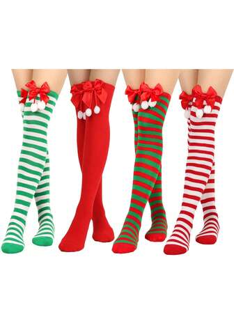 1 Pair Girls' Teens Bowknot Christmas Socks, Pom Pom Over-The-Knee Socks, Christmas Striped Thigh High Socks