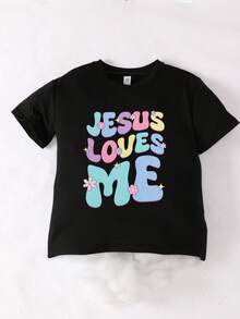 Girls Slogan & Floral Print Round Neck T-Shirt, Soft Casual Tee For Spring/Summer - Black - View 2