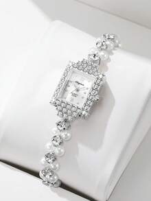 1 Stück Damen Armbanduhr mit Perlen- und Strass-Armband, Strass-Zifferblatt, elegante Quarz-Armbanduhr, ohne Uhrenbox - Silber - Übersicht 7