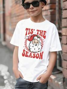 Camiseta de algodón con estampado de Papá Noel a cuadros para niños pequeños, ideal para Halloween y Navidad, con gráficos en negro. Descripción del estilo: Camisetas divertidas de fiesta de Halloween y Navidad para niños pequeños a la moda: estampado de Papá Noel a cuadros, ropa de verano/otoño para niños pequeños, camiseta de manga corta con cuello redondo, camisetas modernas, divertidas, con estampado de camuflaje, camisetas locales para niños pequeños, camisetas Mas Tour para niños pequeños, preadolescentes, adolescentes y niños pequeños. Ropa de Halloween y Navidad para niños pequeños. - Blanco - Ver 1