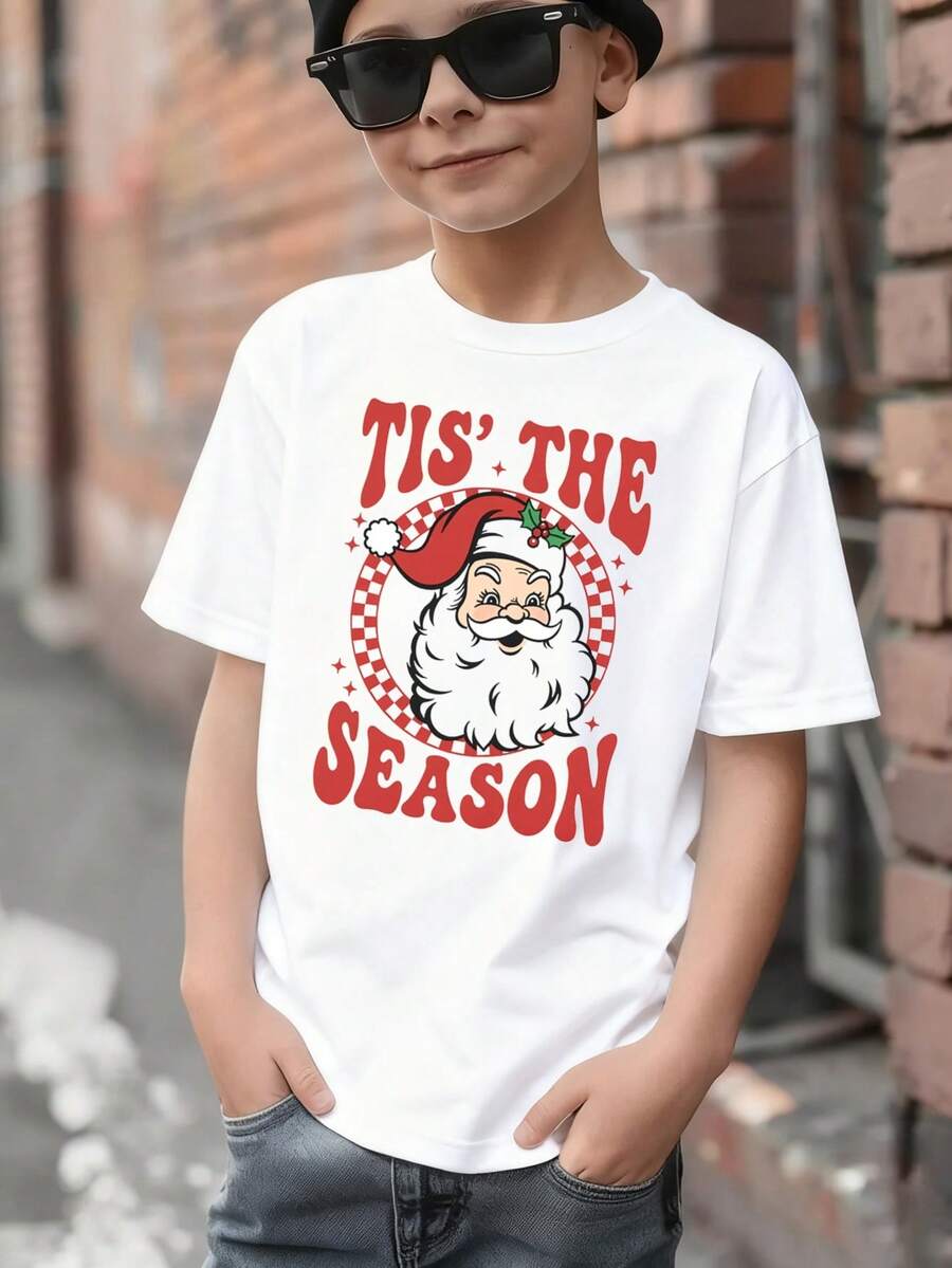Camiseta de algodón con estampado de Papá Noel a cuadros para niños pequeños, ideal para Halloween y Navidad, con gráficos en negro. Descripción del estilo: Camisetas divertidas de fiesta de Halloween y Navidad para niños pequeños a la moda: estampado de Papá Noel a cuadros, ropa de verano/otoño para niños pequeños, camiseta de manga corta con cuello redondo, camisetas modernas, divertidas, con estampado de camuflaje, camisetas locales para niños pequeños, camisetas Mas Tour para niños pequeños, preadolescentes, adolescentes y niños pequeños. Ropa de Halloween y Navidad para niños pequeños. - Blanco - Ver 1