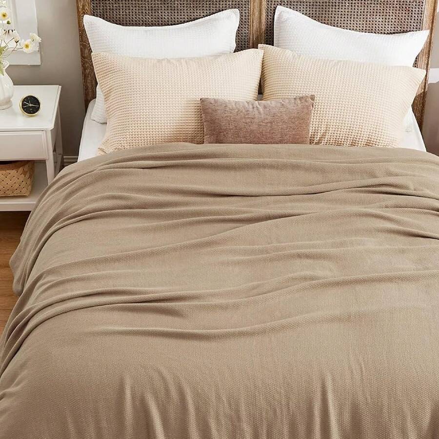 % Cotton Twin XL Size Bed Blanket - Breathable, Lightweight, Soft Cozy Herringbone Woven Summer Blanket College Dorm, White, 66x90 Inches - 10 - 棕色 - 查看 1