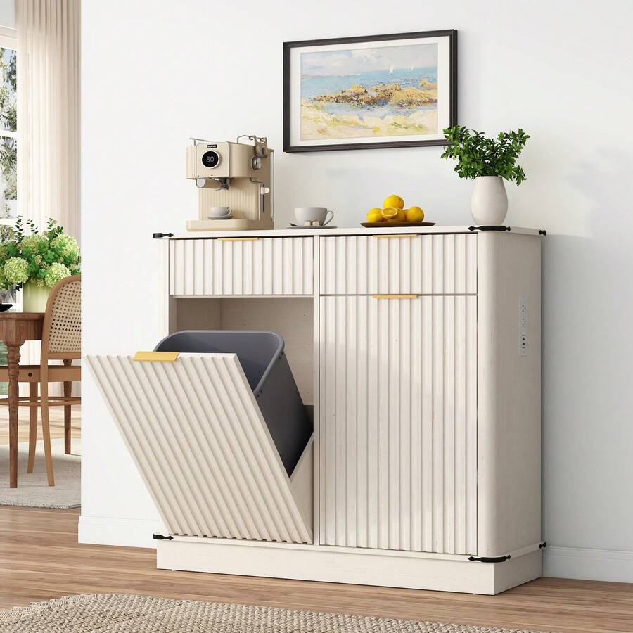 Double Tilt Out Trash Cabinet,Fluted Laundry Hamper Cabinet With 2 Drawers And Charging Station 20 Gallon Wooden Hidden Garbage Can Cabinet For Kitchen & Living Room Arc Design - White - View 1