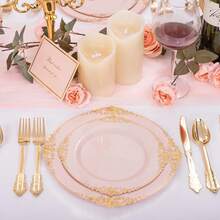 125PCS Plastic Plates - Elegant And Gold Dinnerware Set - Heavy Duty Disposable Plates With Gold Silverware Sets For 25 Guests For Wedding & Party & Bridal Shower - Pink - View 2