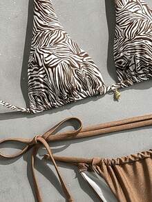 2026 Women's Beach Bikinis Summer Beach Outfit For Women Sexy Two Pieces Bikini Set Stylish Zebra Print Wide-Shoulder Halter Push-Up Top Sexy Drawstring Pure Brown Swim Trunks Beach Vacation Pool Party Sexy Outfit - Multicolor - View 3