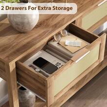 Mesa consola con ratán boho, 2 cajones y 2 niveles, mesa de recibidor con compartimento de almacenamiento abierto para sala de estar, pasillo, zona de entrada - natural - Ver 3