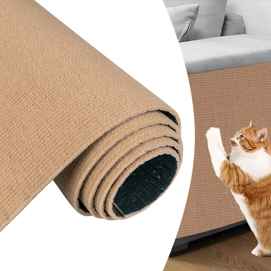 1pc Self-Adhesive Cat Scratch Mat 78.7"*15.8" Carpet Texture Cat Scratcher Pad For Wall Sofa Furniture Protection, Reusable Anti-Scratch Couch Protector For Cats, Decorative Cat Claw Guard, Khaki - 卡其色 - 查看 1