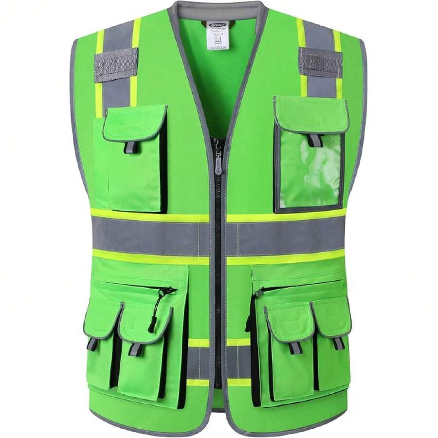 10 Pockets Hi-Vis Zipper Front Fluorescent Green Vest | Cushioned Collar | High Reflective Tapes With Extended Neon Yellow Strips | Meets ANSI/ISEA Standards (4X-Large, 89-Green),24200190 - 綠色 - 查看 1