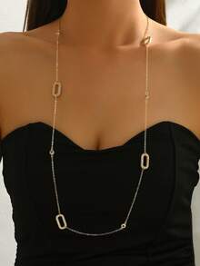 1 件女士法式镂空矩形几何长项链毛衣链，百搭分层佩戴，适合派对、聚会、休闲 - 金色 - 查看 2