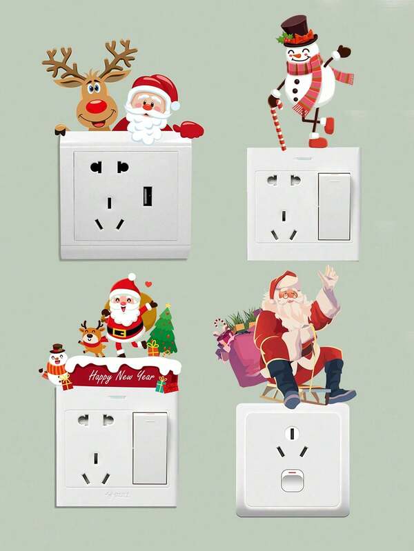 4pcs/2pcs/1pc Santa Reindeer Snowman Switch Stickers, Dormitory Living Room Bedroom Bathroom Switch Decoration. Christmas Decoration Stickers. Christmas Switch Stickers, Fun Santa And Snowman Switch Christmas Bedroom Wall Decoration Stickers, Christmas Decorations, Family Room Decorations. (For Smooth, Dust-Free And Flat !!!!!!!!!)
