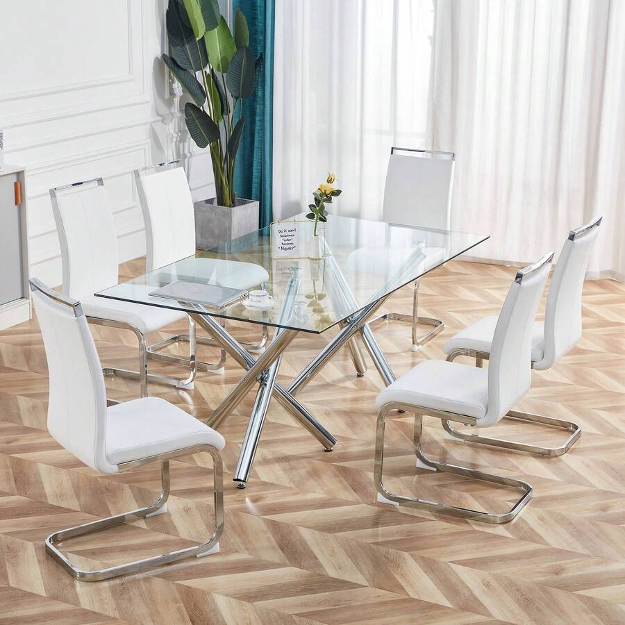 Cantilever Chair, Chrome-Plated Metal Frame, Maximum Load 120 Kg, Soft Padding And Faux Leather Upholstery, White. (Set Of 4) - White - View 1