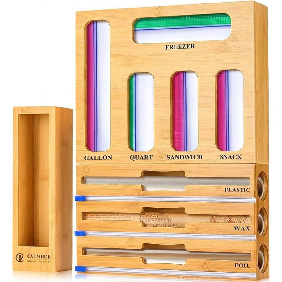 Calmbee 9 IN 1 Storage Bag Organizer For Kitchen Drawer, Bamboo Foil And Plastic Wrap With Cutter, Organizers Compatible Gallon, Quart, Sandwich Snack Size - Nhiều màu - Xem 1
