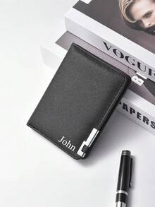1pc Customized Men's Short Wallet, Can Be Customized With Name/Text/Short Leather Wallet With Metal Edge, Cross-Grain Men's Multi-Card Wallet, Personalized Men's Wallet, PU Minimalist Multi-Slot Wallet, Customized Men's Wallet, PU Faux Leather Wallet, Made Of PU Material, Hot Stamping Craft, Personalized Gift, Personalized Gift For Brother, Father, Boyfriend, Suitable For Anniversary, Gift For Men - 彩色 - 查看 14