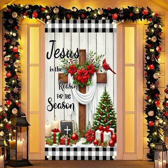 Religious Figure Holiday Seasonal Door Cover - Polyester, Red Cross And Wooden Wreath Design, Ideal For Outdoor Parties And Garden Decor, Easy To Hang, No Power Required