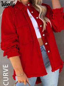 Áo khoác denim dáng rộng tay dài, cài khuy đơn, viền tua rua cỡ lớn dành cho nữ - Đỏ - Xem 1