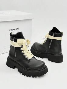 SLnU3 SLnU 3 Men's Fashion Casual Thick Sole Height-Increasing Boots Creative Personalized Design Lace-Up Double Zipper Punk Hip-Hop British Street Outdoor Versatile All-Season Style - Black - View 9
