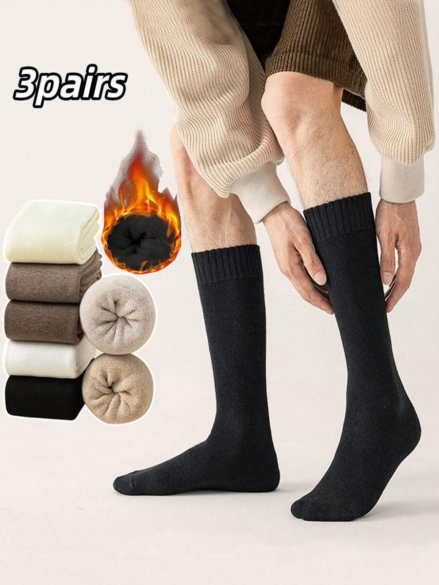 3双男士加长加厚羊毛混纺腿套，柔软美利奴羊毛混纺过膝腿套，适合冬季、滑雪和商务穿着 - 彩色 - 查看 1