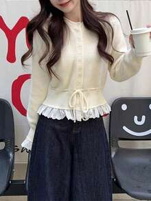 复古甜美温柔圣诞抽绳圆领针织开衫 - 米色 - 查看 3