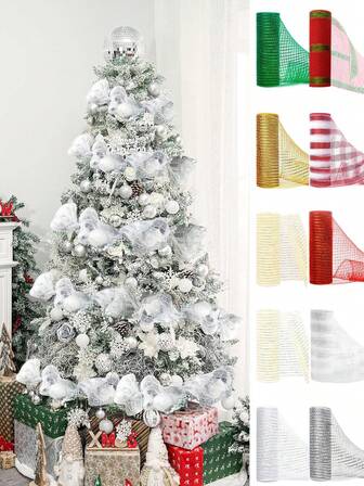 1roll 26cm Christmas Decor Ribbon, DIY Wreath Bow Ribbon, Gift Wrapping Supplies Ribbon, Birthday Wedding Holiday Party Background Decorative Gauze, Christmas Tree Decoration Ribbon, Christmas Decorations For Home 2024 Christmas Xmas Gifts Happy New Year 2025, Christmas