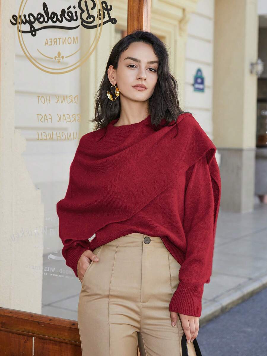 Áo len nữ dài tay màu trơn, kiểu dáng thường ngày, đa năng, nhuộm sợi, cổ chéo, phối cánh dơi, thiết kế thanh lịch và thời trang, thích hợp cho mùa xuân và Giáng sinh. - Đỏ - Xem 1