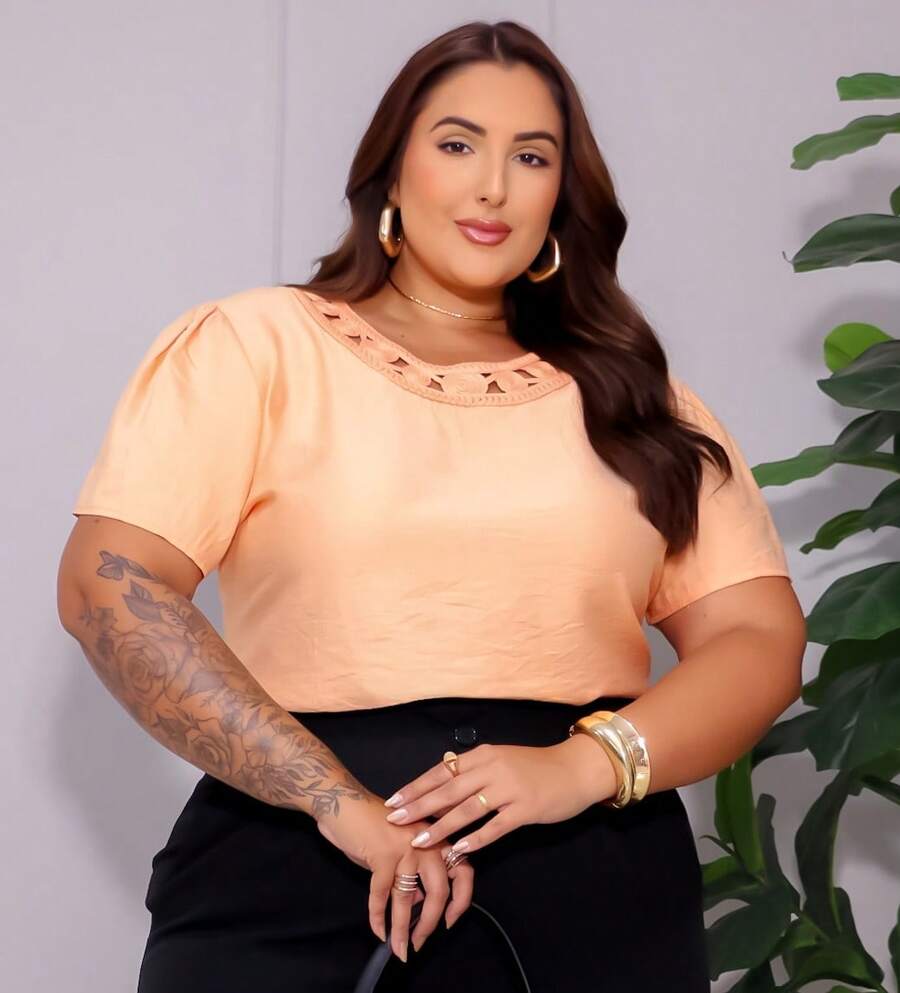 Blusa Camisa Feminina Plus Size Bordada Festa - Laranja - Visão 1