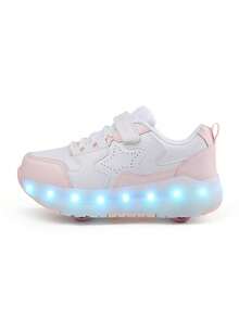 Teenagers' LED Light Up Roller Skate Shoes With Wheels, Retractable For Spring, Summer, Autumn And Winter, All-Season LED Light Wheels Sports Shoes With Fashionable Street Style Plaid, Equipped With Hook And Loop And Rechargeable Lithium Polymer Battery, Low-Top Roller Skating Outdoor Shoes With Breathable PU Upper And Durable TPR Sole - Hồng - Xem 11