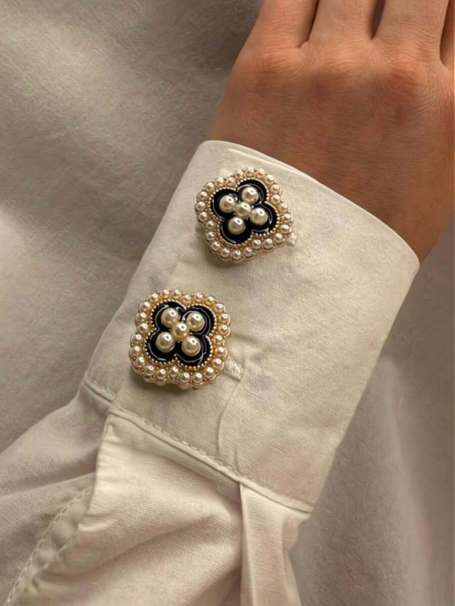 1pc/2pcs Button Cover For Shirt Pearl Cufflinks Covers Flower Sleeve Button Clip On Button For Dress Wedding Tux Decoration Button Clothing Accessories Gifts And Party(The Shape Of The Petals Is Random)) - Gold-four Leaves - View 1