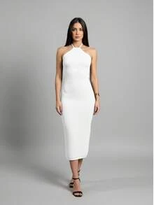 Halter Neck Midi Dress Knit Summer Simple Backless Asymmetrical Formal & Evening Wedding - White - View 1