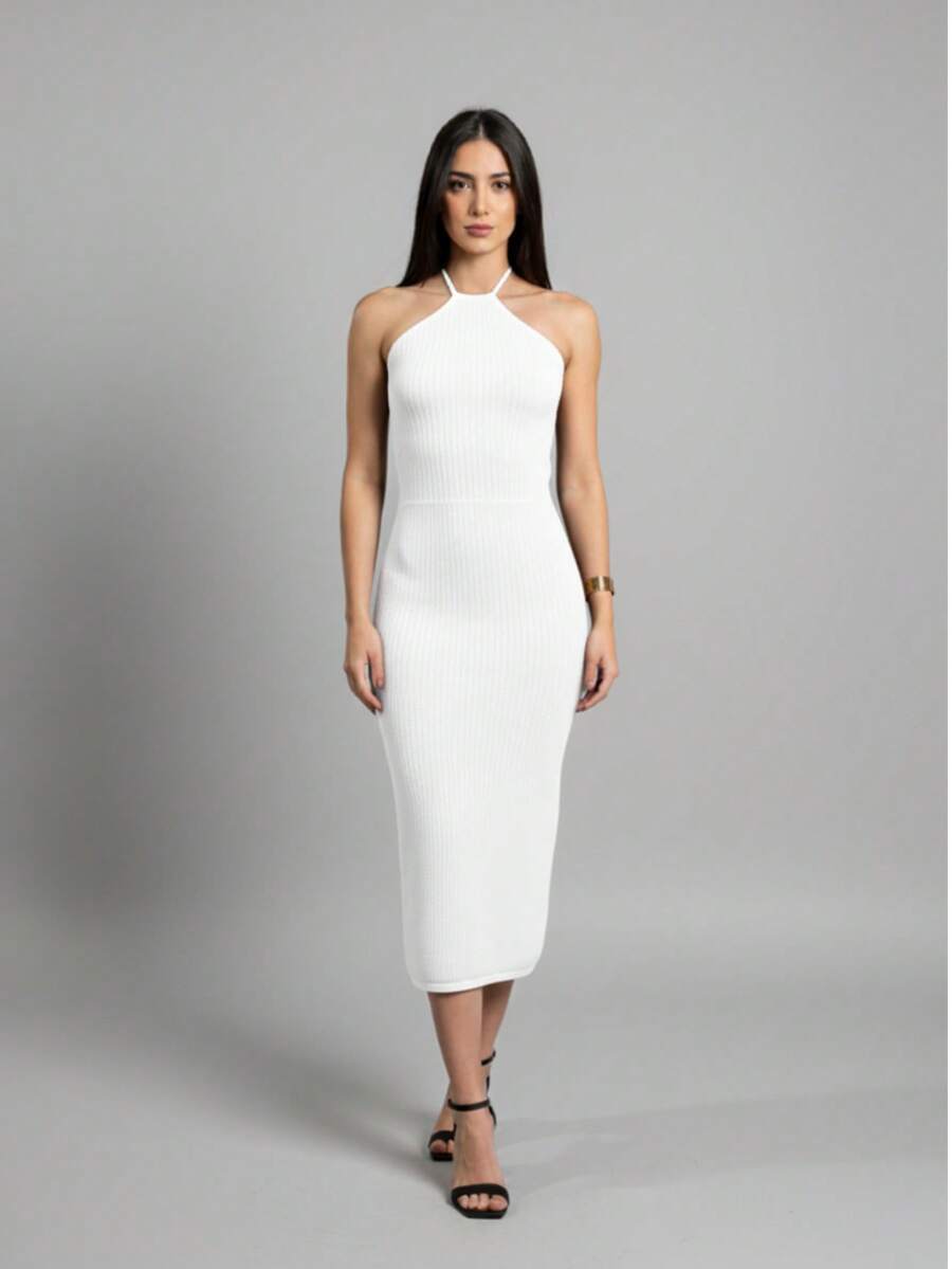Halter Neck Midi Dress Knit Summer Simple Backless Asymmetrical Formal & Evening Wedding - White - View 1