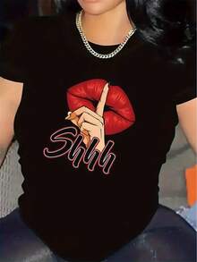 Polyester Short Sleeve T-Shirt For Restaurant Wear,    Color With Red Lip Design, Durable    Comfortable, Ideal For Casual Dining Settings, Soft Fabric Material, Stylish    Lightweight Top For Everyday Use - màu đen - Xem 1