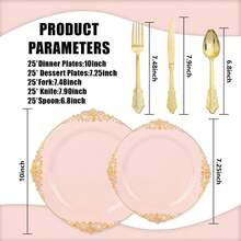 125PCS Plastic Plates - Elegant And Gold Dinnerware Set - Heavy Duty Disposable Plates With Gold Silverware Sets For 25 Guests For Wedding & Party & Bridal Shower - Pink - View 6