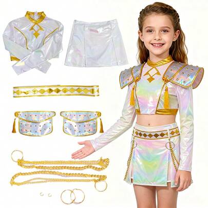 Disfraz de Kpop para niños, Disfraz de demonio para niñas, Disfraz de cosplay de cazadores de anime Kpop, Atuendo de etapa de cantantes de Kpop para Halloween, Conjunto de 3 piezas de cazadores con chaqueta, camiseta y pantalones, Disfraz de carnaval para cantantes de Kpop de 120-160CM