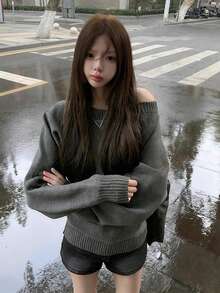 复古美式露肩长袖针织衫，宽松休闲露肩套头衫，秋冬春季款 - 深灰色 - 查看 4