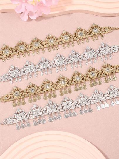 1 Stück Cut Out Blume Strass-Einlegearbeit Metall Anhänger Haarschmuck, eleganter Hofstil Frauenkopfschmuck für den Nahen Osten Alltag, Hochzeit, Party, Festivalkleidung