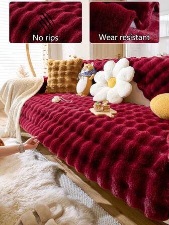 1pc Thick Rabbit Fur Plush Sofa Cushion Cover, Modern Minimalist Anti-Slip Sofa Seat Pad, Dust-Proof And Washable Sofa Slipcover, Burgundy, Soft And Fade-Resistant, Pet-Friendly, Fits L-Shaped Sofa And 1/2/3/4 Seater Sofa, Suitable For Bedroom, Office, Living Room