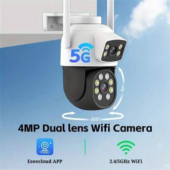 Cámara de WiFi 5G, cámara de para el hogar, cámara de WiFi 2.4/5G para interiores y exteriores, cámara de vigilancia PTZ, cámara de vigilancia de doble lente/doble pantalla, visión nocturna a todo color, giro/inclinación de 355 grados, detección de movimiento, voz bidireccional, alimentada por USB, cámara IP inalámbrica