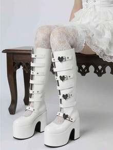 Women's White Platform Spider Web Gothic Knee High Boots Round Toe Fashionable Sexy Current Motorcycle Party Winter Fall Shoes For Women - 白色 - 查看 7